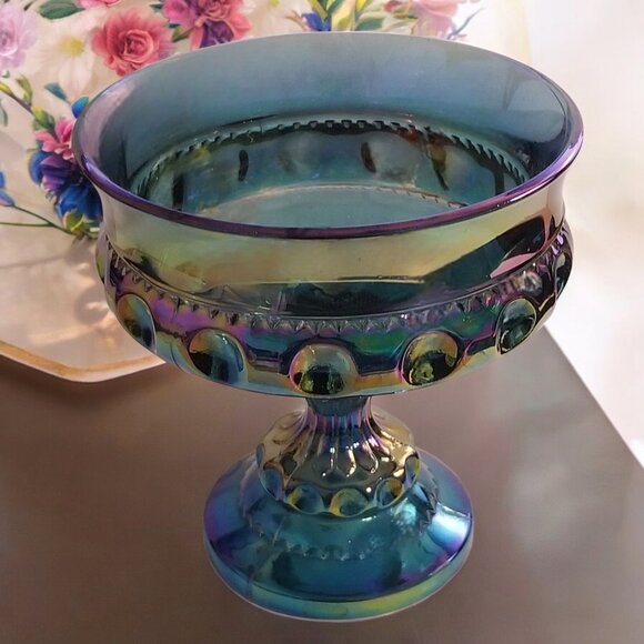 Iridescent Blue Carnival Glass Compote Dish by Indiana Kings Crown Thumbprint - Picture 2 of 11